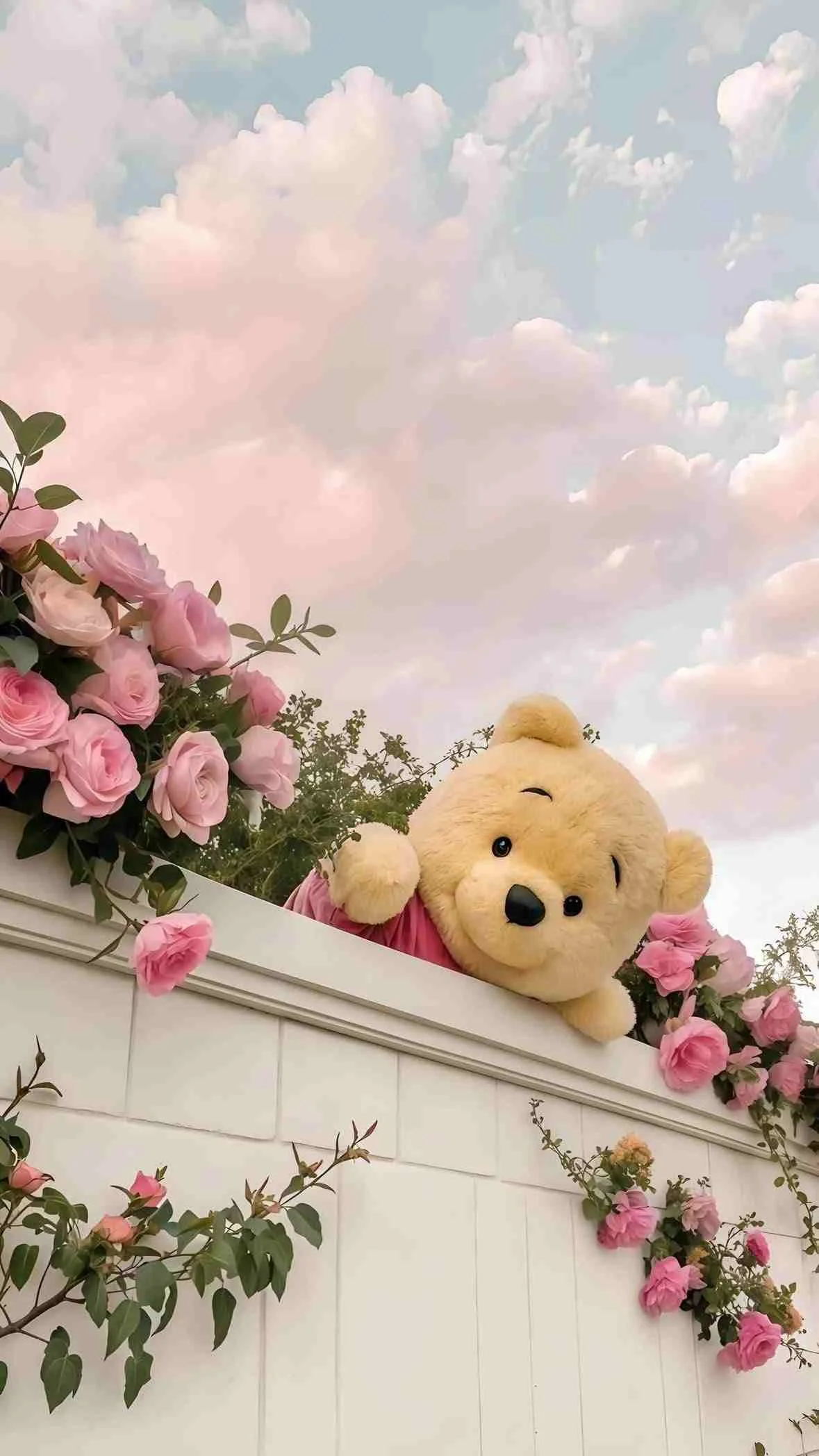 Hình ảnh đẹp cute của gấu Winnie the Pooh bên những đóa hoa hồng lãng mạn
