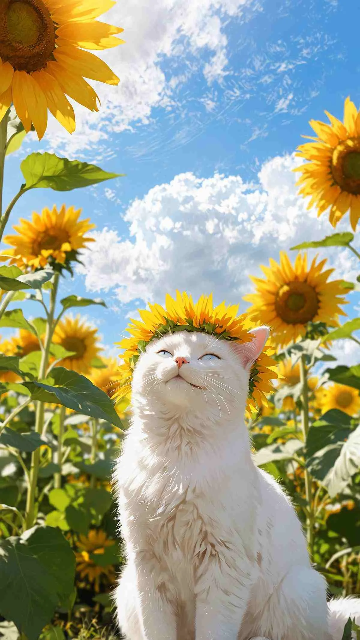 Hình ảnh đẹp cute chú mèo trắng đội vòng hoa hướng dương giữa cánh đồng hoa rực rỡ