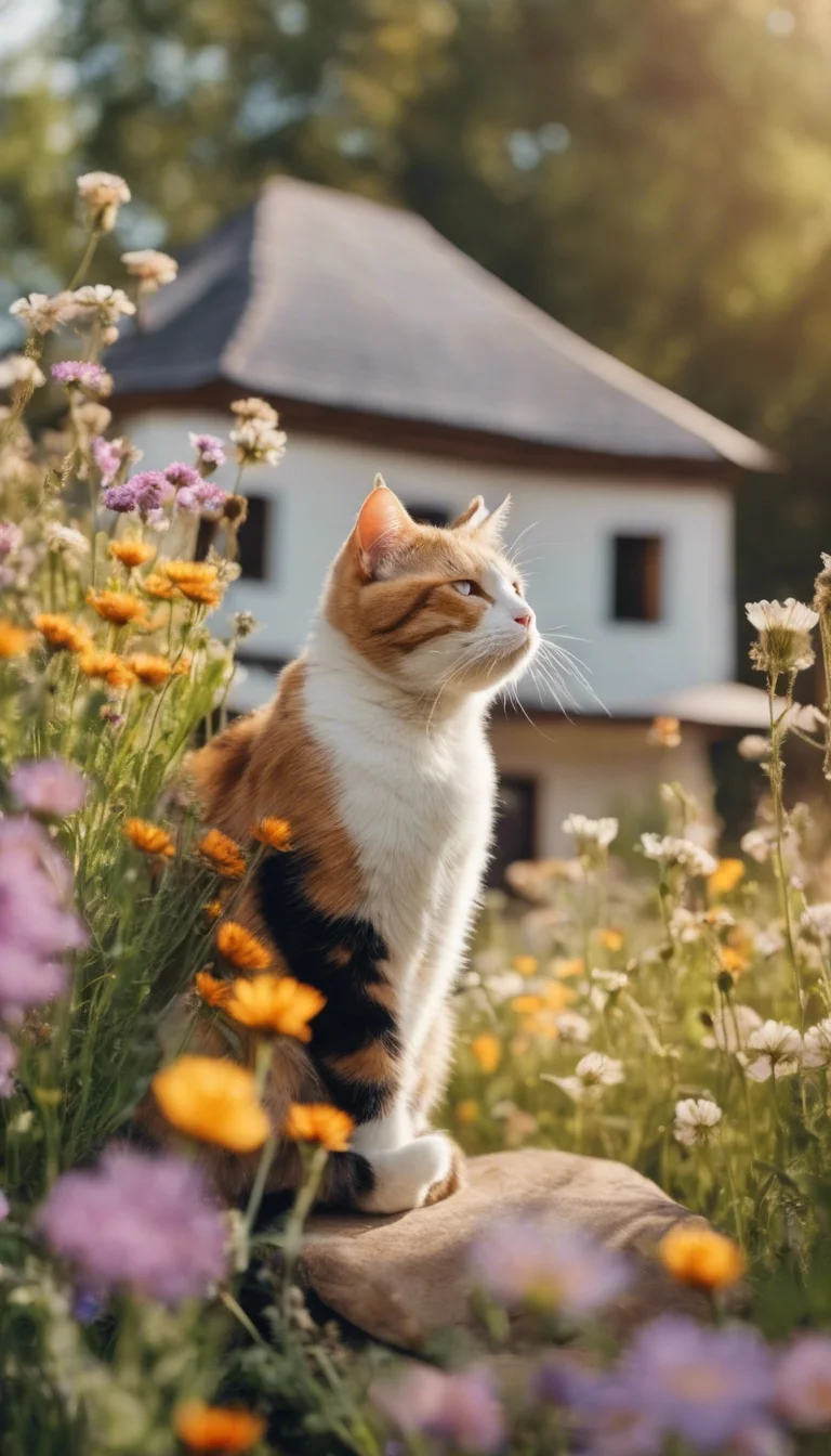 Mèo tam thể ngồi giữa vườn hoa làm hình nền