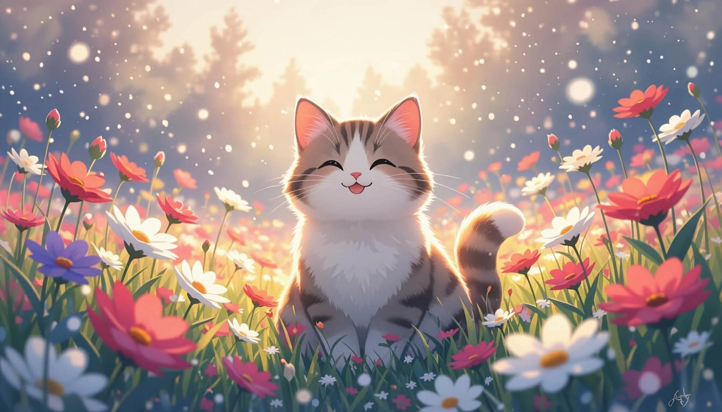 Mèo ngồi giữa cánh đồng hoa làm hình nền mèo