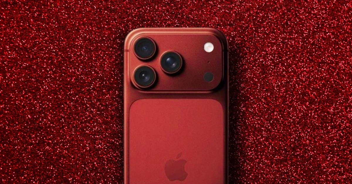 Mặt lưng iPhone 18 màu đỏ nổi bật trên nền kim tuyến