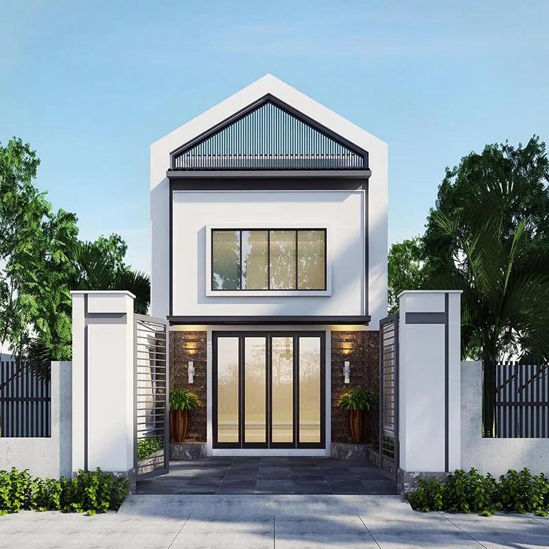 hình ảnh ngôi nhà 2 tầng phong cách hiện đại với cổng rào trắng và thiết kế mái tam giác độc đáo