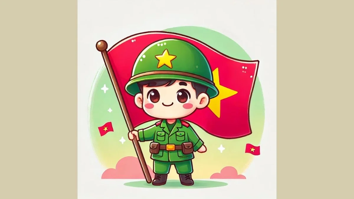Tranh vẽ chibi bộ đội Việt Nam cùng ngọn cờ
