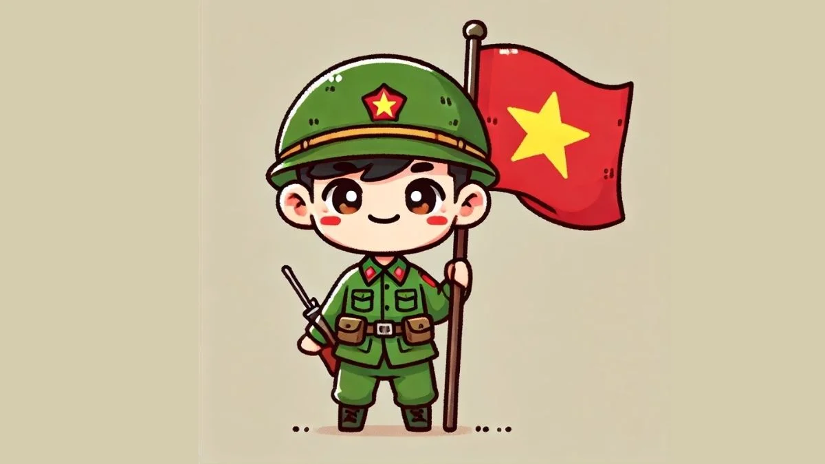 Hình vẽ chibi bộ đội Việt Nam đang cầm cờ Tổ Quốc tung bay